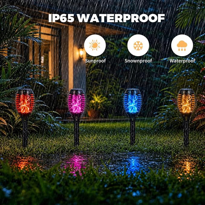 8 Pack Solar Lights Outdoor, Multicolor Flickering Flame Torches | Multicolor Flickering Flame, Long Nighttime Glow, Auto-On at Dusk, IP65 Weather-Resistant, Tool-Free Ground Setup