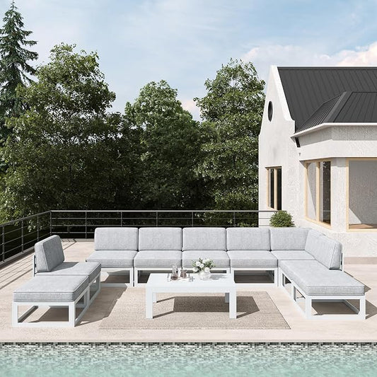 LayinSun 10 Pieces Modern Aluminum Patio Furniture Set with Coffee Table, Outdoor Modular Sectional Conversation Set L-Shaped Sofa for Backyard