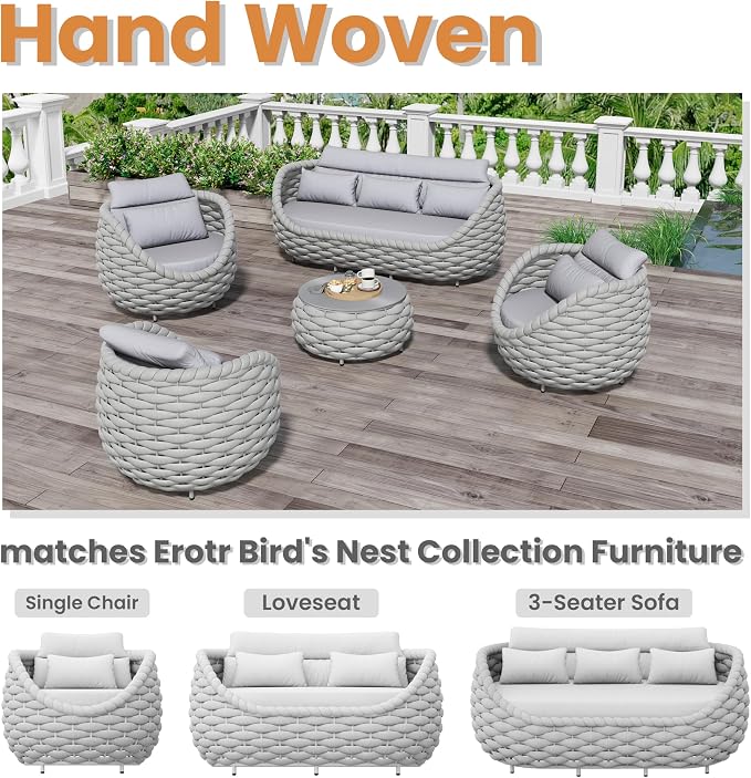 Short Round Patio Coffee Table: Hand Woven Rope Side Tables Assembled - Aluminum Outdoor Accent Table Modern - Metal Porch Furniture for 176lbs Deck Garden Pool Balcony Hotel, φ25.6''/65cm, Gray