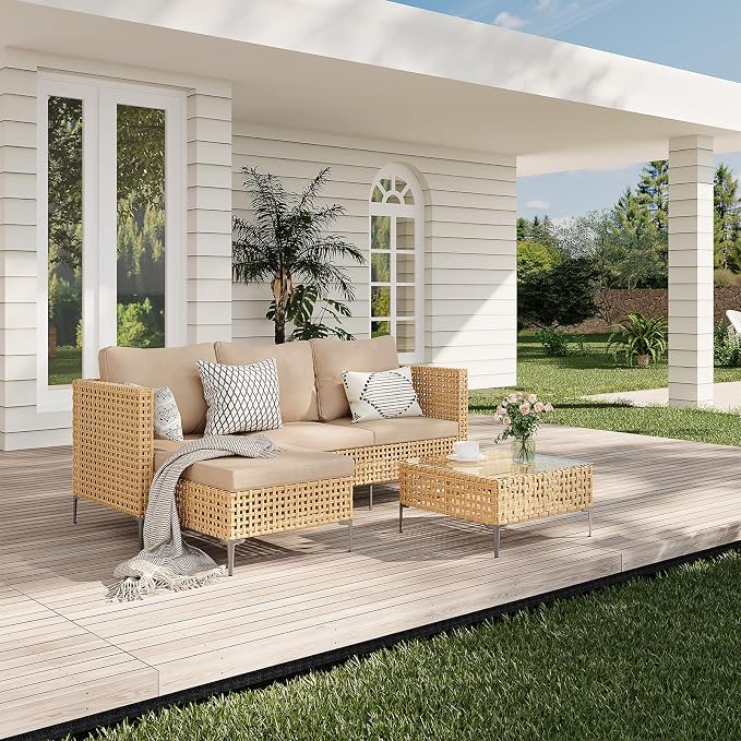 Small Outdoor Wicker Patio Furniture Set L-Shaped - Weather Resistant Wicker Sectional Chaise Sofa with Thick Cushions & Tempered Glass Coffee Table for Small Spaces, Balcony, Apartment