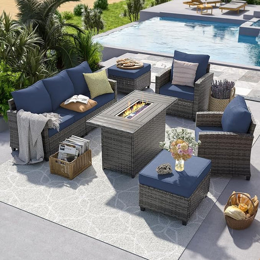 UDPATIO Patio Furniture Set with 44" Fire Pit Table, 6 Pieces Outdoor Sectional Conversation Sets, All-Weather Wicker Rattan Sofa Ottoman with 4" Thick Cushion for Garden Backyard Poolside, Navy Blue