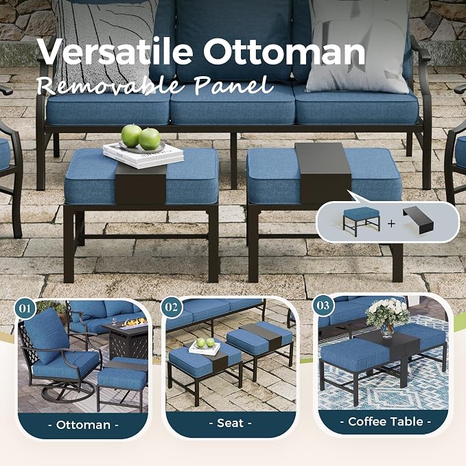 MIXPATIO Patio Furniture Set 5 pcs, Outdoor Patio Furniture, 3-Seat Sofa, 2 Swivel Chairs, 2 Ottomans and 5.75" Extra Thick Cushion, Conversation Set for Backyard Deck,Gemstone Blue