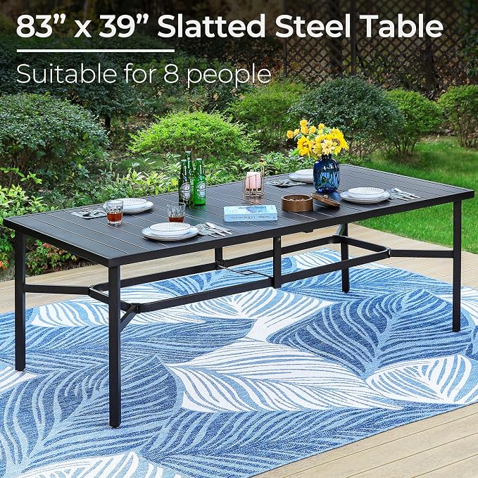 PHI VILLA 9 Piece Patio Dining Set, 83" Rectangular Table, Rattan Chairs | Outdoor Dining Set for 8, Metal Dining Table with Umbrella Hole, Large Outdoor Dining Table Set for Patio, Deck, Porch