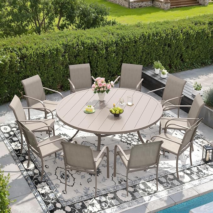 DIFY 11 Pieces Outdoor Patio Dining Set for 10, 60" Round Metal Dining Table and 10 Stackable Textilene Patio Chairs, Outdoor Table and Chairs for Backyard Garden Poolside, Sandshell