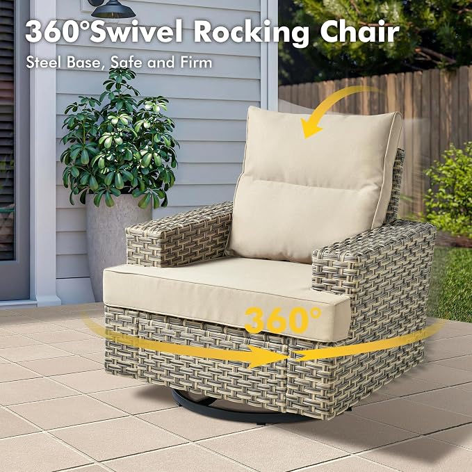 Weaxty 9 Pieces Patio Furniture Set, Outdoor Sectional Furniture Sofa Set w/Swivel Rocking Chairs Coffee Table, PE Wicker Modular Couch Conversation Set for Backyard Garden,Beige
