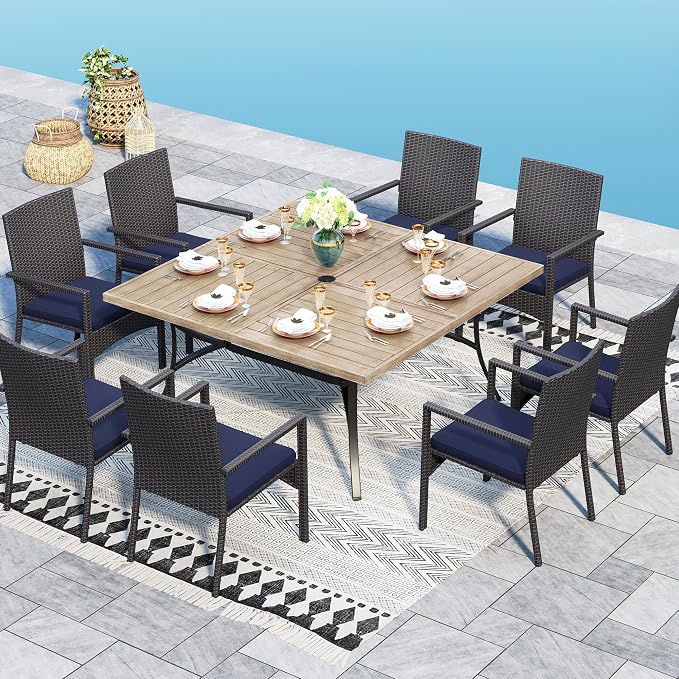 Sophia & William 9pc Square Patio Dining Set for 8, Rattan Chairs | Patio Table Set for 8, Teak Color Metal Table with Umbrella Hole, Wicker Chairs, 330 lbs Chair Capacity, Rust-Resistant Frame