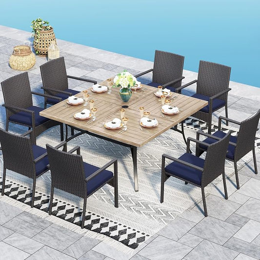 Sophia & William 9pc Square Patio Dining Set for 8, Rattan Chairs | Patio Table Set for 8, Teak Color Metal Table with Umbrella Hole, Wicker Chairs, 330 lbs Chair Capacity, Rust-Resistant Frame