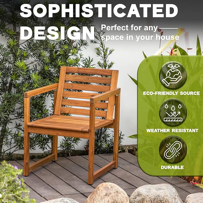 VICTORY RELAX Acacia Wood Patio Chairs Set of 2 – Outdoor Lawn Chairs with Armrests, Modern Wooden Seating for Balcony, Garden & Backyard, Natural Color (22")