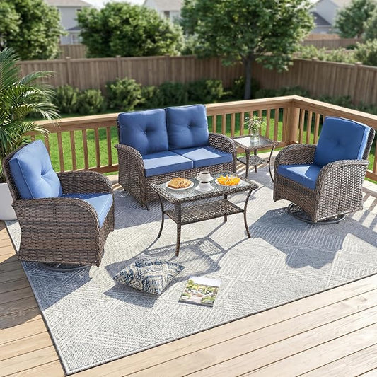 5 Piece Patio Furniture Set - Wicker Patio Conversation Set with Swivel Glider, Loveseat Bench, Tempered Glass Side Table and Coffee Table for Deck Backyard - Brown Wicker Blue Cushion