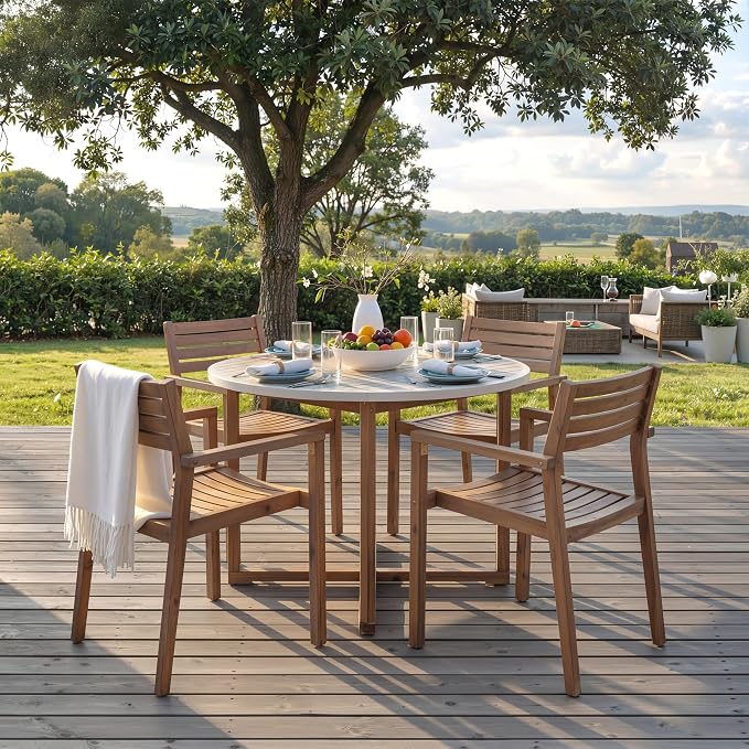 SOFTSEA 5-Piece Patio Dining Set, Acacia Wood Outdoor Table & Chairs, All-Weather Patio Round Dining Set for Garden, Deck, Poolside, Light Gray