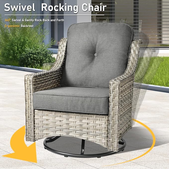 HOOOWOOO 9 Piece Patio Furniture Conversation Sets with Swivel Rocking Chairs,Outdoor Wicker Furniture with Ottoman,All Weather Resistant High Back Rattan Conversational Set(Dark Grey Gray)