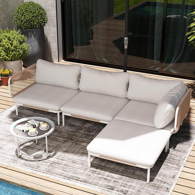 Patio Furniture Set, Outdoor Patio Furniture Oversized Metal Single Sofa, 4-seat Conversation Set with Cushion for Indoor and Outdoor, White Frame and Beige Mat, （4Seats 4 Armrests）