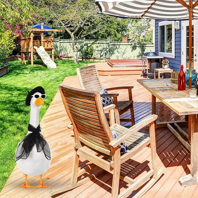 Yaomiao 3 Pcs 50s French Porch Goose Outfit Set for 23'' 17'' Cement Lawn Goose Costume Beret Hat for Carnival Statue Decor(Black)