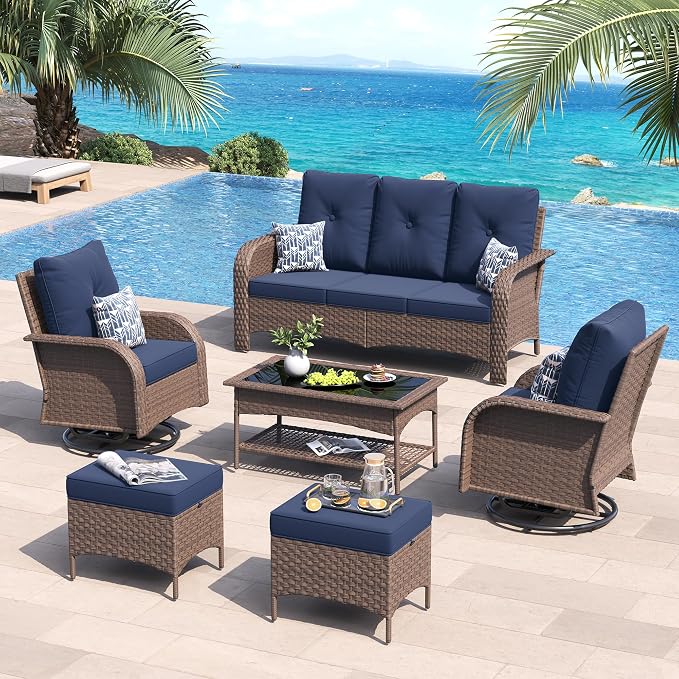 UDPATIO High Back Patio Furniture Set with 2 Swivel Rocker Chairs, Wicker Outdoor Conversation Sets with Thick Cushions & Ottoman, for Garden, Porch