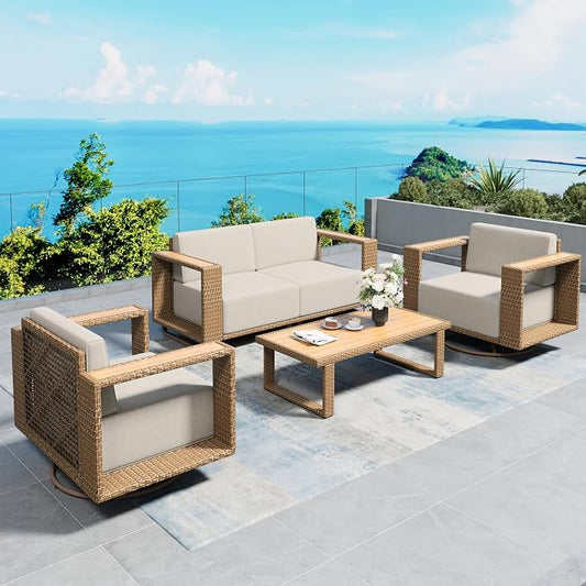 SUNSHINE VALLEY 4 Pieces Patio Furniture Set with Swivel Chairs, Outdoor Wicker Conversation Set with 10" Thick Cushions, All Weather Rattan Conversation Set, Low Profile Lawn Garden Backyard Sofa