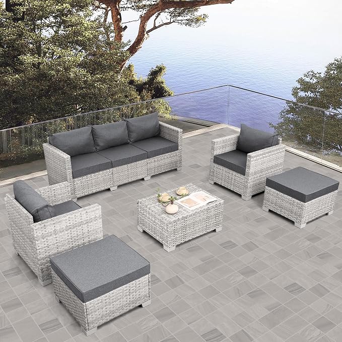 WAROOM Patio Furniture Set 6 Piece PE Rattan Outdoor Conversation Sets Grey Wicker Couch Sectional Sofa with Storage Coffee Table and Grey Cushion