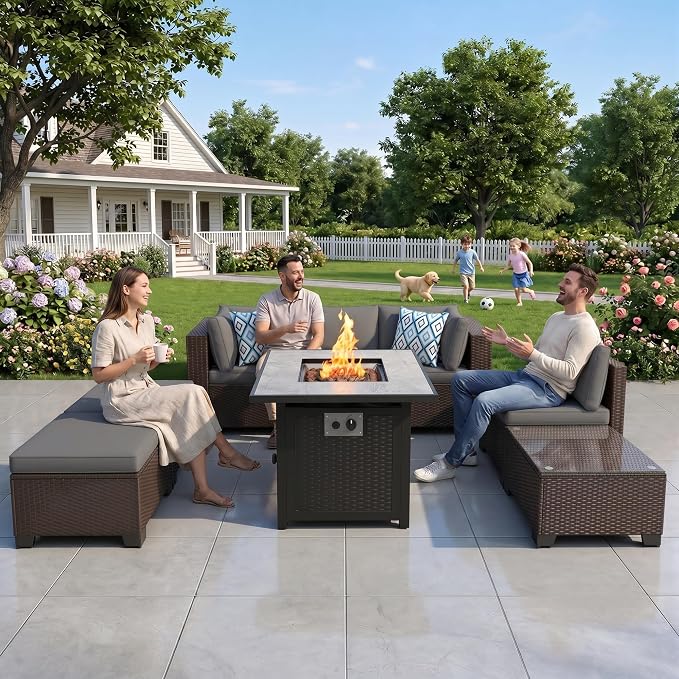Gizoon 7 Pieces Outdoor Patio Furniture Set, All-Weather PE Rattan Wicker Sectional Sofa Seating with Waterproof Cushions and Coffee Table, Outdoor Conversation Set for Garden, Backyard, Balcony