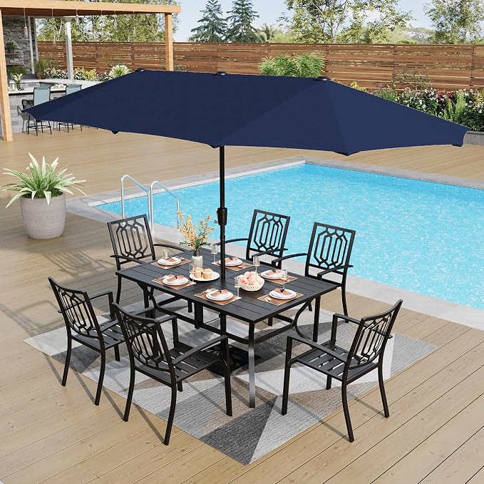 PHI VILLA 7 Pcs Patio Dining Set for 6& Rectangular Metal Table | Metal Steel Table with Umbrella Hole & Stackable Chairs, Heavy-Duty Furniture Set for Patio, Deck, Yard, Porch - Black