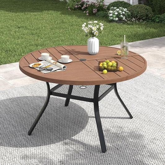 VICLLAX 40.6" Round Patio Table with Umbrella Hole, All Weather Metal Outdoor Dining Table for 4, Outside Table with Storage Shelf for Lawn Garden, Walnut Wood-Grain Finish