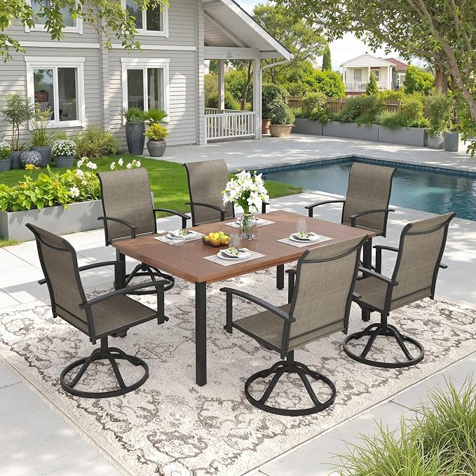 DIFY 7 Pieces Outdoor Dining Set, Metal Patio Table and Chairs Set for 6 with Umbrella Hole, 63" Walnut Rectangle Table and Brown Textilene Swivel Patio Chairs for Garden, Backyard, Poolside