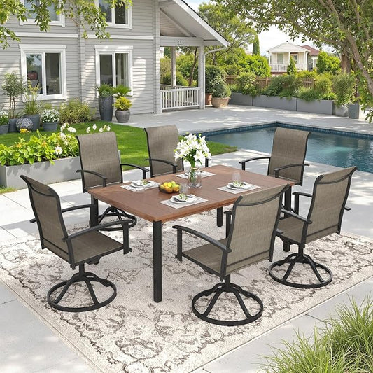 DIFY 7 Pieces Outdoor Dining Set, Metal Patio Table and Chairs Set for 6 with Umbrella Hole, 63" Walnut Rectangle Table and Brown Textilene Swivel Patio Chairs for Garden, Backyard, Poolside