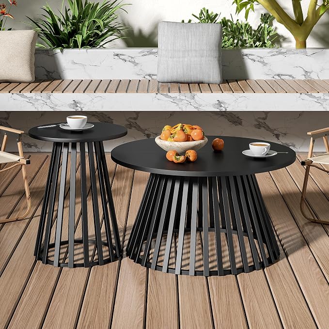 Round Small Outdoor Coffee Table, 15.6 Inch Metal Steel Patio Side Table, Patio Furniture Accent Bistro End Table, for Garden, Pool, Yard, Balcony, Living Room, Deck, Weather Resistant, Black