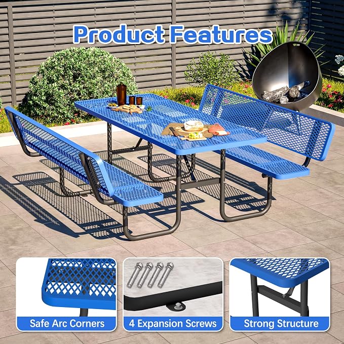 79" Rectangular Metal Picnic Table with Backrest, 1.73" Umbrella Hole, Heavy-Duty Rust & Heat Resistant Steel Mesh Table Set, Smooth Rounded Corner Design for Yard, Park, Beach & BBQ, Blue