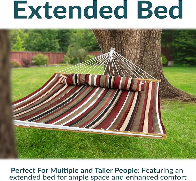Sunnydaze Extra Large Quilted Hammock with Spreader Bars - 2-Person Hammock for Outside - Awning Stripe