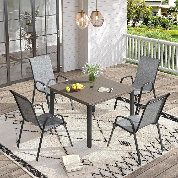 VICLLAX Patio Dining Set for 4, All Weather 5-Piece Patio Set-40.2" Square Outdoor Table and 4 Stackable Chairs for Lawn Garden and Backyard,Grey Wood Grain Tabletop
