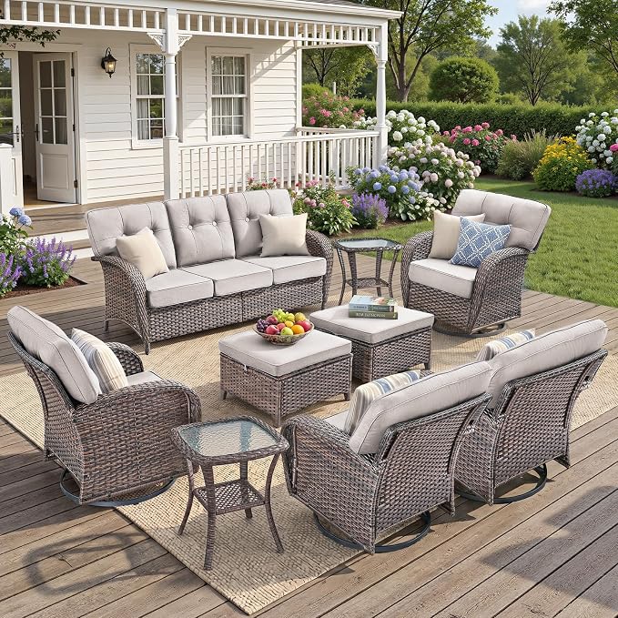 9-Piece Wicker Patio Furniture Set with 5-Inch Thick Cushions Weather Resistant Rattan High Back Swivel Rocker Chairs Senior Friendly Conversation Set for Small Porch Deck Sunroom Brown/Beig