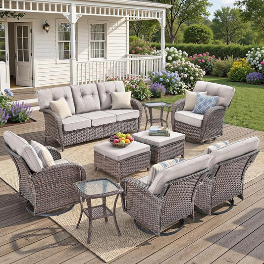 9-Piece Wicker Patio Furniture Set with 5-Inch Thick Cushions Weather Resistant Rattan High Back Swivel Rocker Chairs Senior Friendly Conversation Set for Small Porch Deck Sunroom Brown/Beig