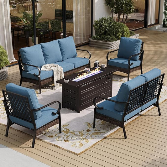 SUNSHINE VALLEY 5 Piece Metal Outdoor Patio Furniture Sets with Firepit Table, Patio Conversation Sets 1 3-Seater Sofa, 1 Loveseat, 2 Single Sofa with 5.75" Cushion for Backyard Deck, Denim Blue