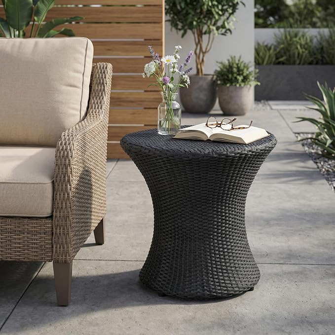 Outdoor PE Rattan Hourglass Side Table 19.75", No Assembly Wicker End Table, All-Weather Accent Table for Patio Balcony Living Room, Black
