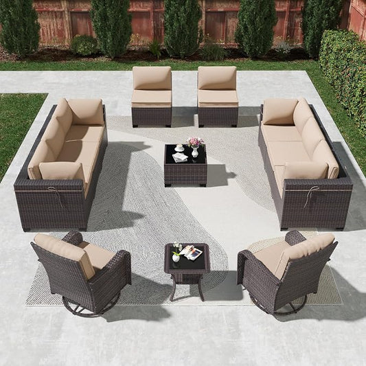 Kullavik 12PCS Outdoor Patio Furniture Set,PE Wicker Rattan Sectional Sofa Patio Conversation Sets with Tempered Glass Table,Swivel Rocking Chairs Set,Sand