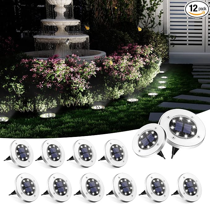 SOLPEX Solar Ground Lights Outdoor, Garden Lights 12 Pack Cool White | IP65 Waterproof Stainless Steel Landscape Lighting for Walkway, Driveway, Pathway, Patio, Backyard Decor