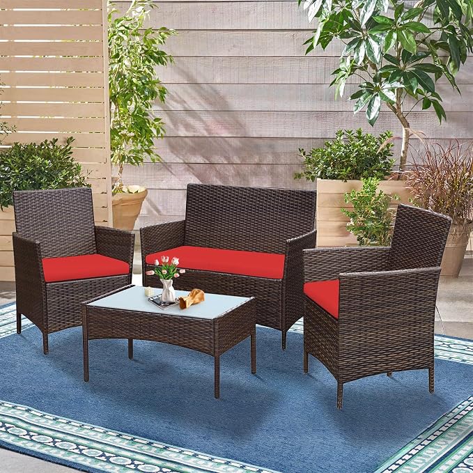 PROHIKER 4 Piece Outdoor Wicker Patio Conversation Furniture Set, Rattan Chair Wicker Sofa Garden Conversation Sets with Cushion and Glass Table for Yard Pool or Backyard, Brown/Red
