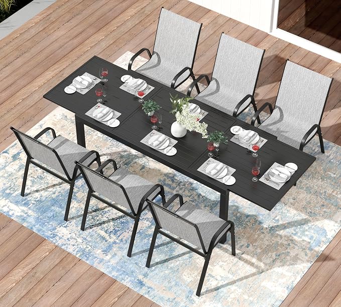 PIZZELLO 7 Pieces Outdoor Dining Set, 106" Aluminum Extendable Patio Dining Table w/ 6Pcs Stackable Textilene Chairs, All Weather Outdoor Table and Chairs Sets for Backyard, Garden, Deck and Poolside
