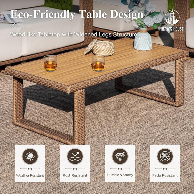 HERA'S HOUSE Patio Sectional Furniture Set with 10" Thick Cushions, Outdoor Modular Couch Sofa Set, 5 Seats Yellow Rattan Conversation Sets for Deck Yard Lawn