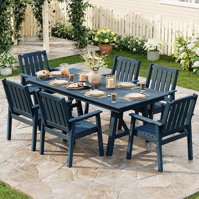 Outdoor Dining Chairs Set of 2, HDPE Patio Chairs 650LBS Capacity All-Weather Yard Armchair with Slatted Seat, 23.9" Wide Heavy Duty Modern Backyard Furniture for Garden, Poolside, Deck (Navy Blue)