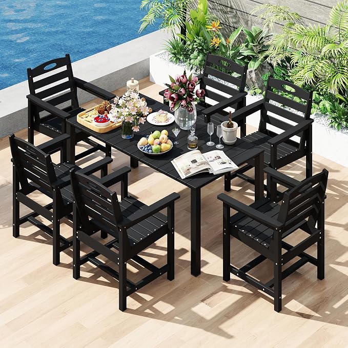 Domi HDPE Outdoor Dining Set, All-Weather 7 Piece Outdoor Dining Table Set with 2" Umbrella Hole, Outdoor Patio Dining Set for Garden, Poolside, Backyard, Deck, Black