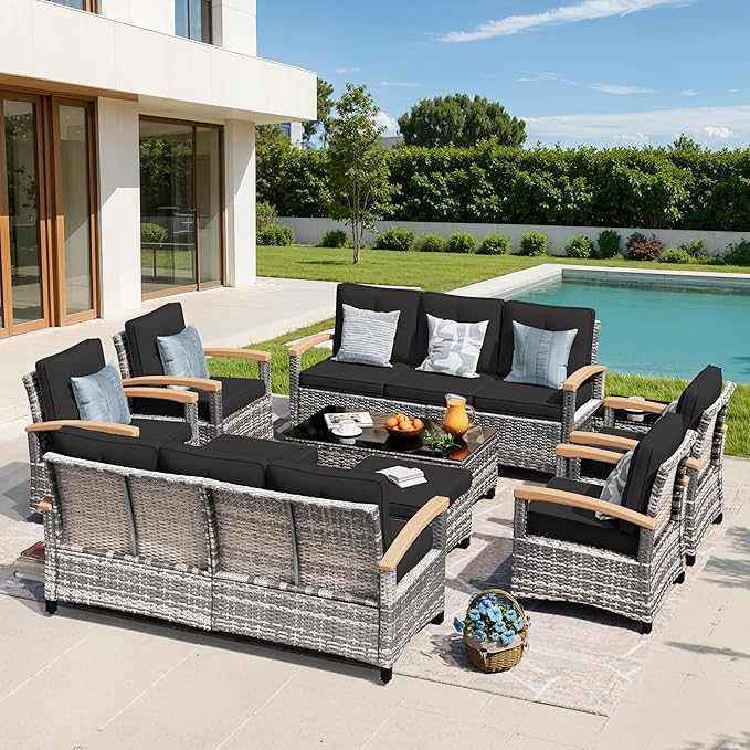 MEISSALIVVE 10 Pieces Outdoor Patio Furniture Sets, Wicker Patio Conversation Sets with 2 Wood Armrests Swivel Glide Chairs,2 Single Chairs, Outdoor Couch and Coffee Table(Black)