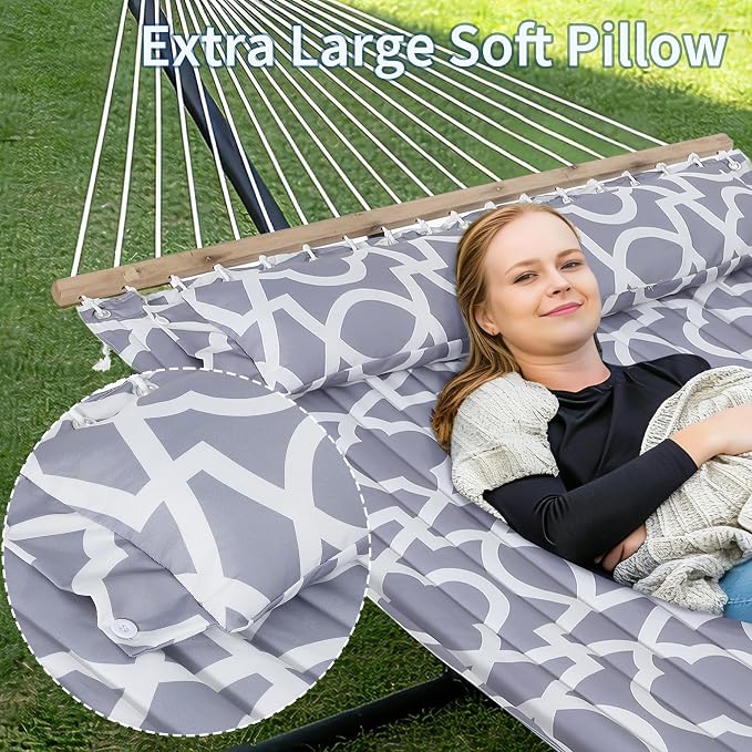 Double Hammock with Stand, Outdoor Freestanding Hammock for Two People, Max 475lbs Capacity, Heavy Duty Steel Frame, Quilted Pillow & Portable Carry Bag, Easy Assembly, Light Gray Geometric Patterns