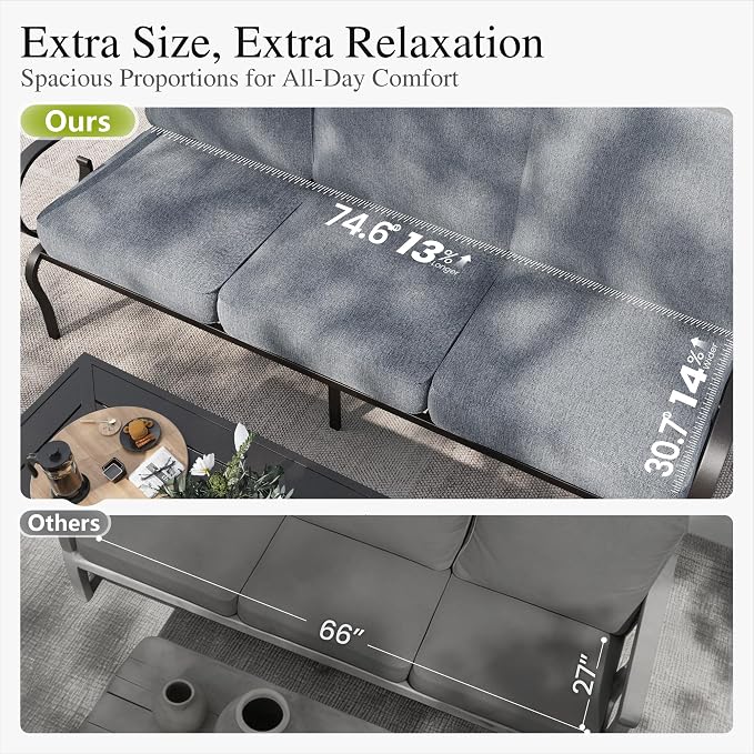 Sophia & William Patio Conversation Set for 5, 3-Seater Sofa, 2 Swivel Chairs and a 45" Fire Pit Table, Metal Outdoor Furniture with 5.75" Extra Thick Cushions, Grey
