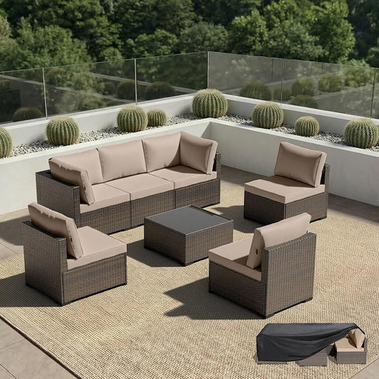 Patio Furniture Set - All-Weather - 7 Piece Patio Outdoor Conversation Set, Modular Wicker Rattan Sectional Sofa for Backyard, Garden, Poolside, Balcony, Porch, Patio, Brown/Khaki