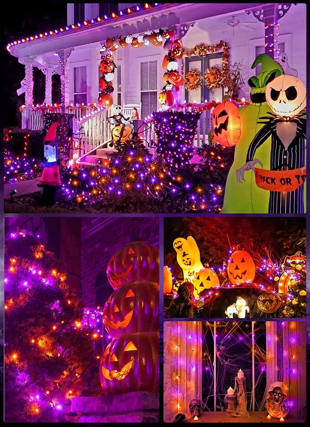 Minetom Halloween Solar Lights Outdoor,4Pack Total 160FT Halloweeen Light | 400 LED String Lights with 8 Lighting Modes,Black Wire Waterproof Solar String Lights for Outside Tree Party, Orange & Purple