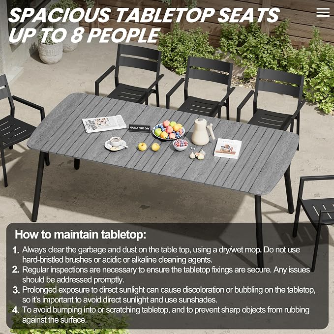 Outdoor Dining Table for 8, 82" Patio Table | Grey Rectangle Table with Aluminum Frame and Waterproof Wood Grain Tabletop for Lawn Backyard Garden Poolside