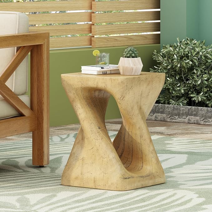 Faux Concrete Side Table Outdoor Faux Stone End Table, Round Outdoor Accent Tables, Garden Stool Plant Stand for Porch, Backyard, Natural, 11.75" x 11.75" x 16"