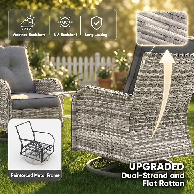 9-Piece Small Patio Furniture Set, Outdoor Swivel Rocking Chairs Set with 55,000 BTU Fire Pit Table Wicker Chairs and Ottomans, Patio Bistro Set for Balcony, Deck, Porch, Black