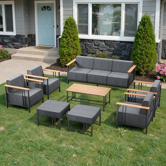 Luxury Patio Furniture Set with 10" Extra Thick Cushions, 8 PCS Outdoor Furniture Set with Patio Chairs & Couch & Coffee Table, Suitable for Porch, Balcony, Deck, Yard, Poolside, Black/Grey