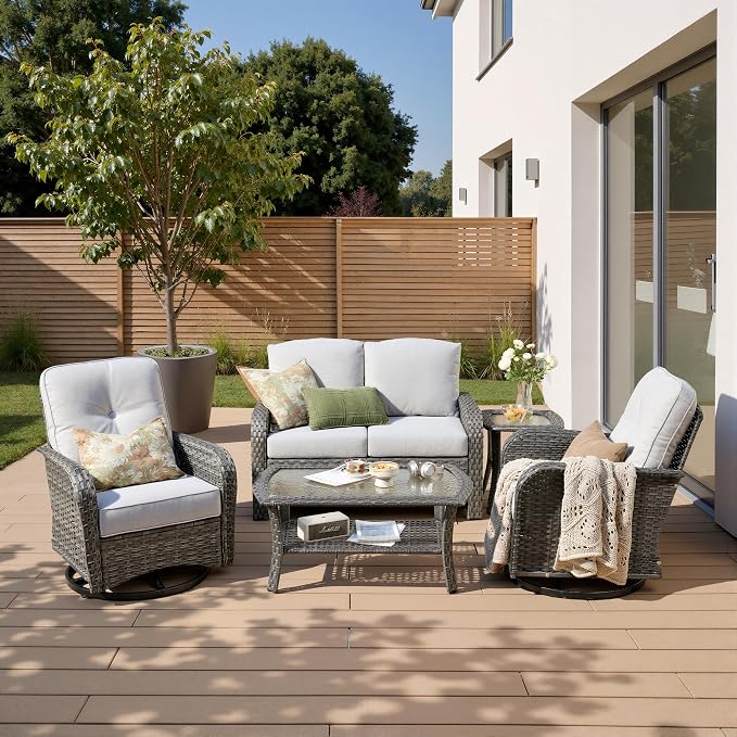 5-Piece Patio Furniture Set, Outdoor Wicker Furniture with Coffee Table, High Back Swivel Rocker Patio Chairs, Modern Rattan Outdoor Chairs Conversation Set for Porch, Balcony, Garden, Grey
